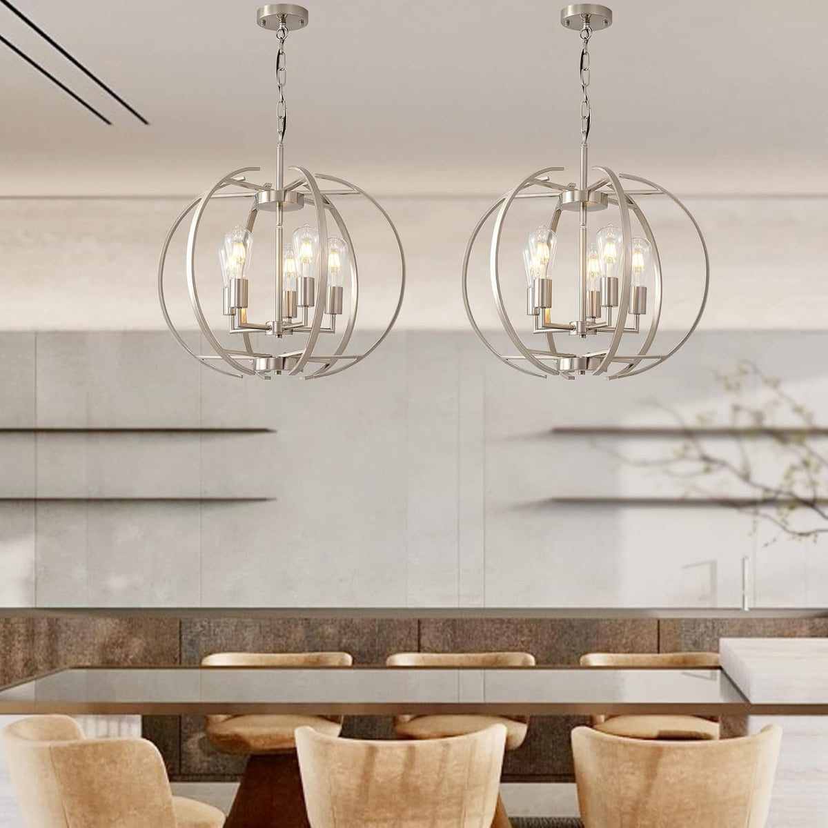 Large Lantern Globe Brushed Nickel Chandelier Lighting, Adjustable Hanging Ceiling Pendant 5 Light
