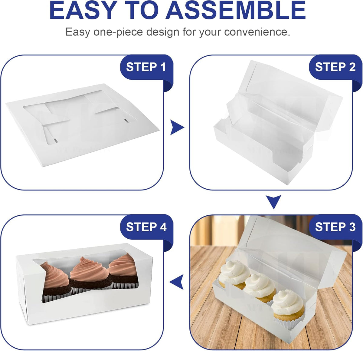 MT Products White Cupcake Boxes 9" x 4" x 3.5" - Auto Pop-Up Bakery Boxes with Window (Pack of 200)