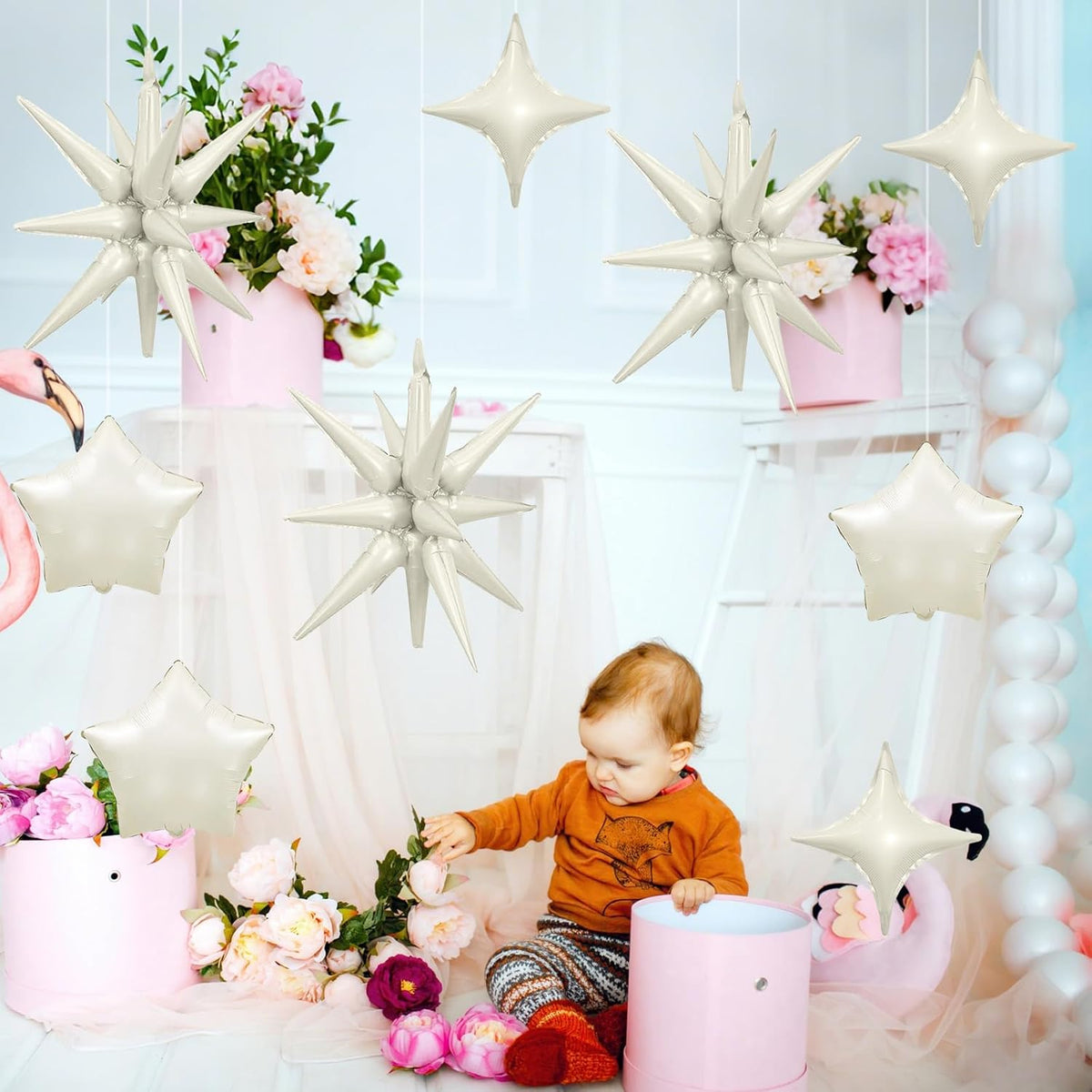 Cream Star Balloons, 22in White Sand Star Balloons Foil 10in 4-Pointed & Ivory Pentagram Balloon