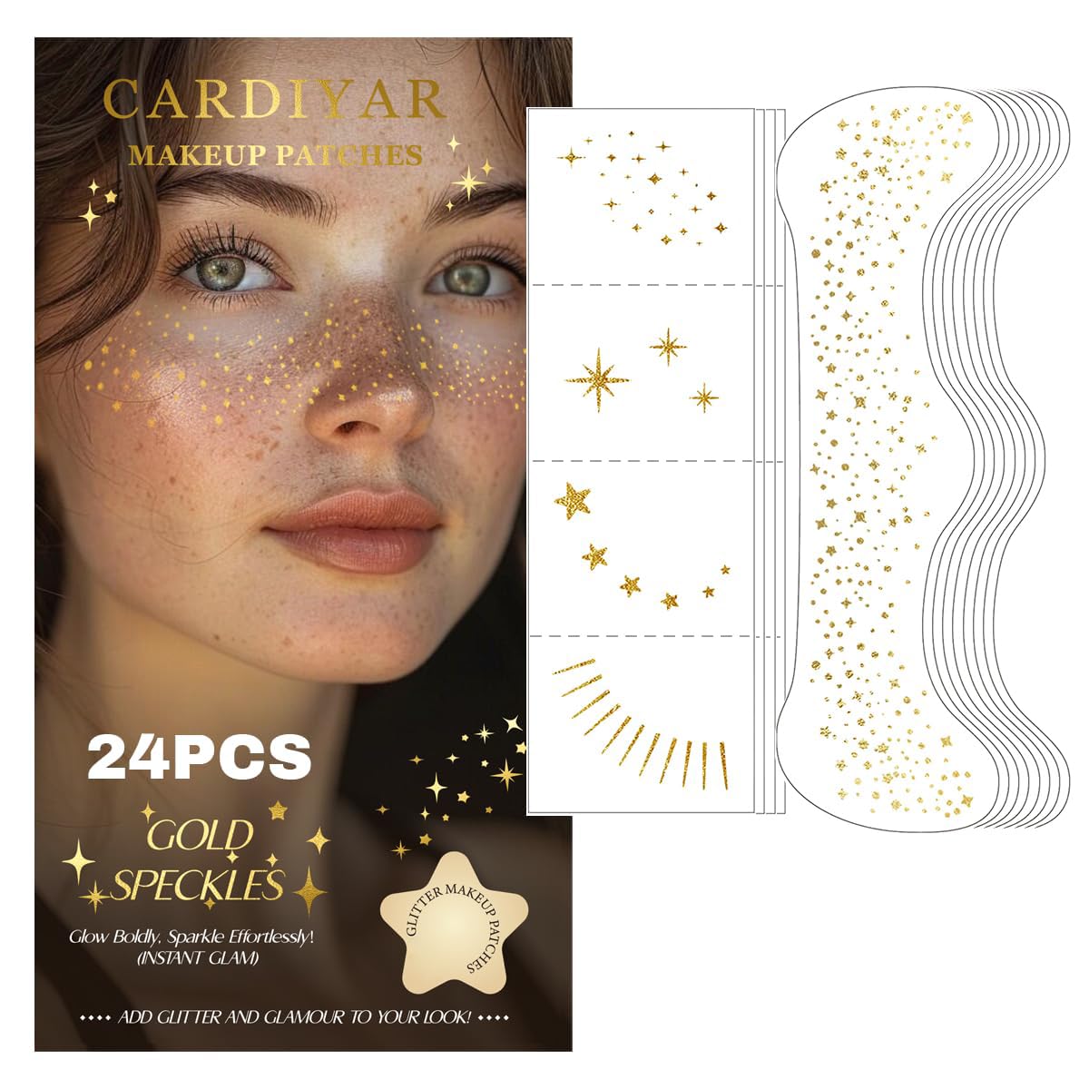 Glitter Freckles Face Tattoo - 24PCS Waterproof Gold Temporary Sparkle Patches for Women, Glow Up