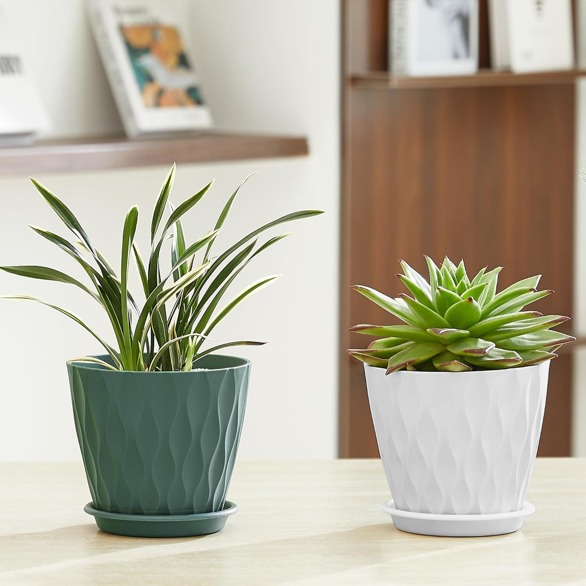 FaithLand 6-Pack 6-Inch Plastic Plant Pots with Saucers | Thickened PP Material, Modern Wave