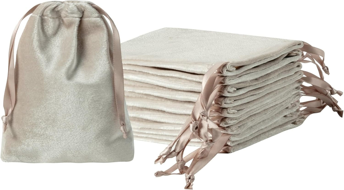 QIANF 12pcs Light Champagne Velvet Drawstring Bags 3x4 inches Glossy Small Velvet Cloth Gift Bags