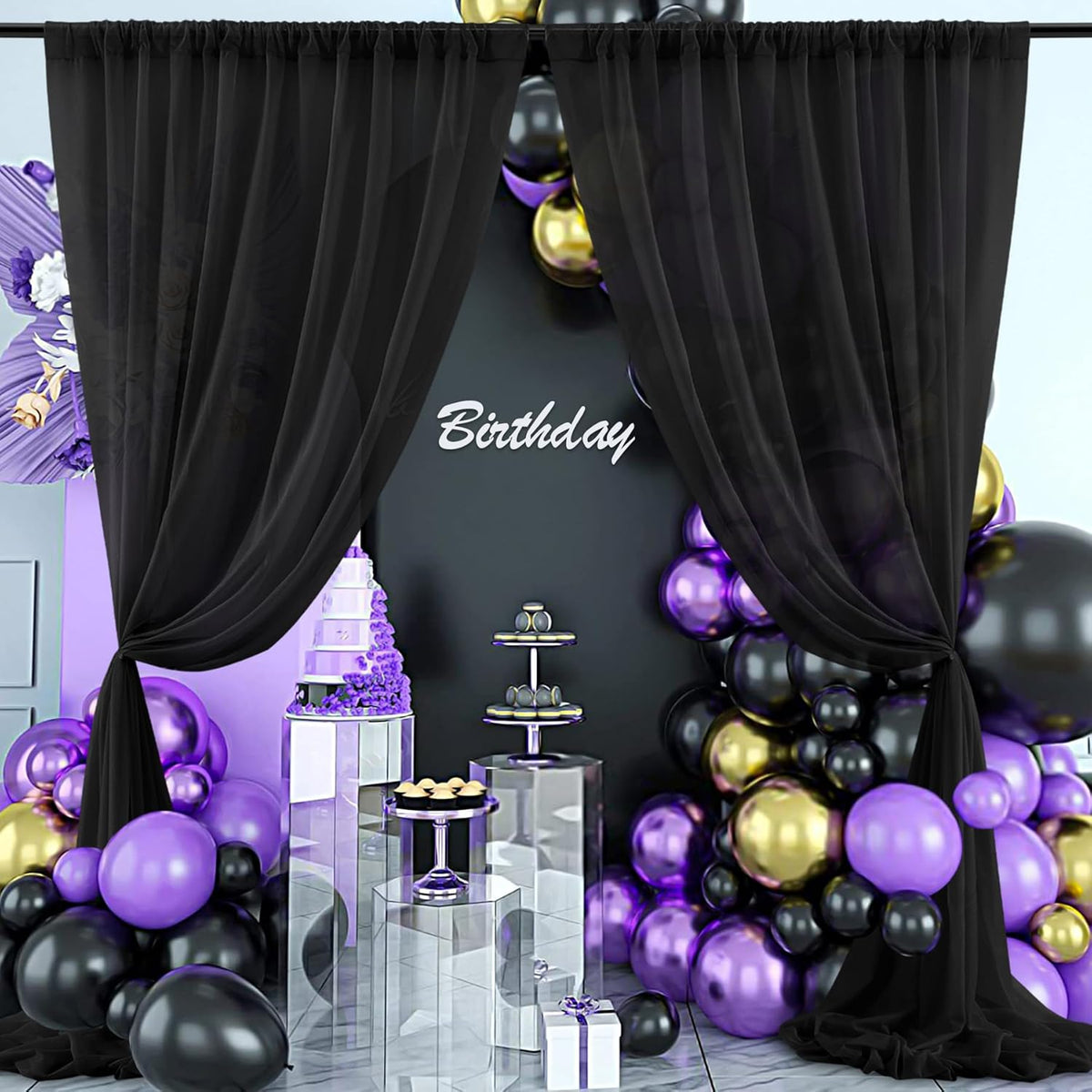 PARTISKY 10ftx10ft Black Chiffon Sheer Backdrop Curtains, Wrinkle-Free Wedding Backdrop Drapes for