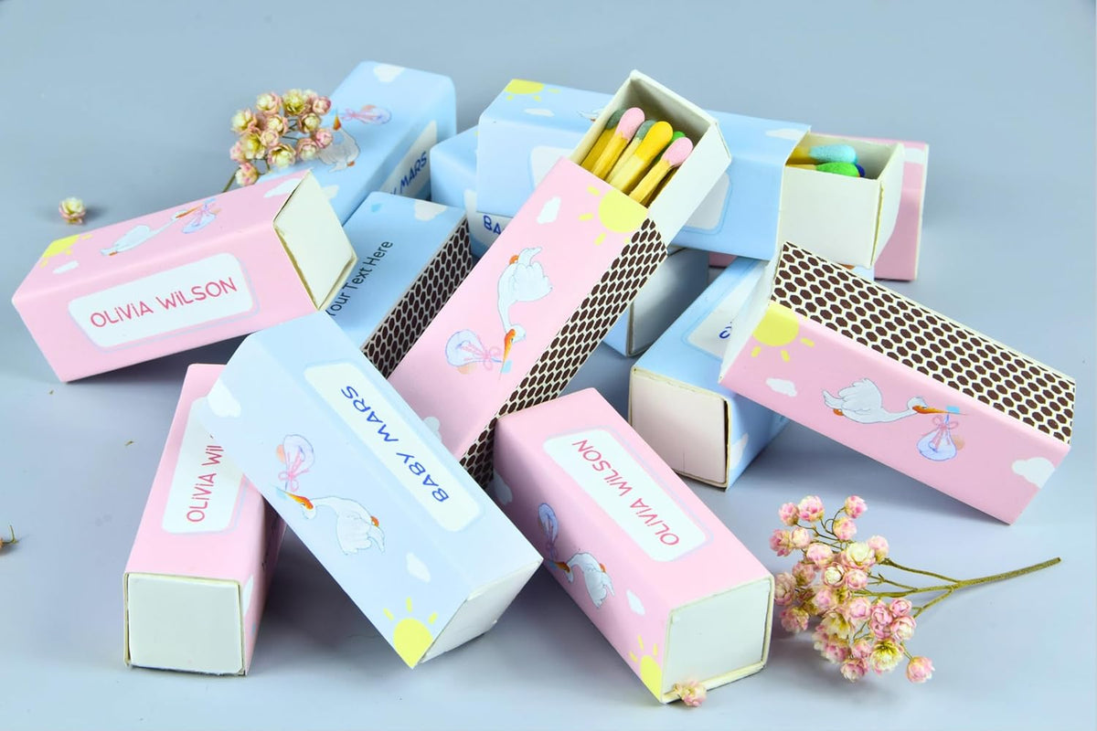 Customizable Baby Shower Matchboxes – Set of 10 – Cute Baby Design – Colorful Matchsticks – Perfect