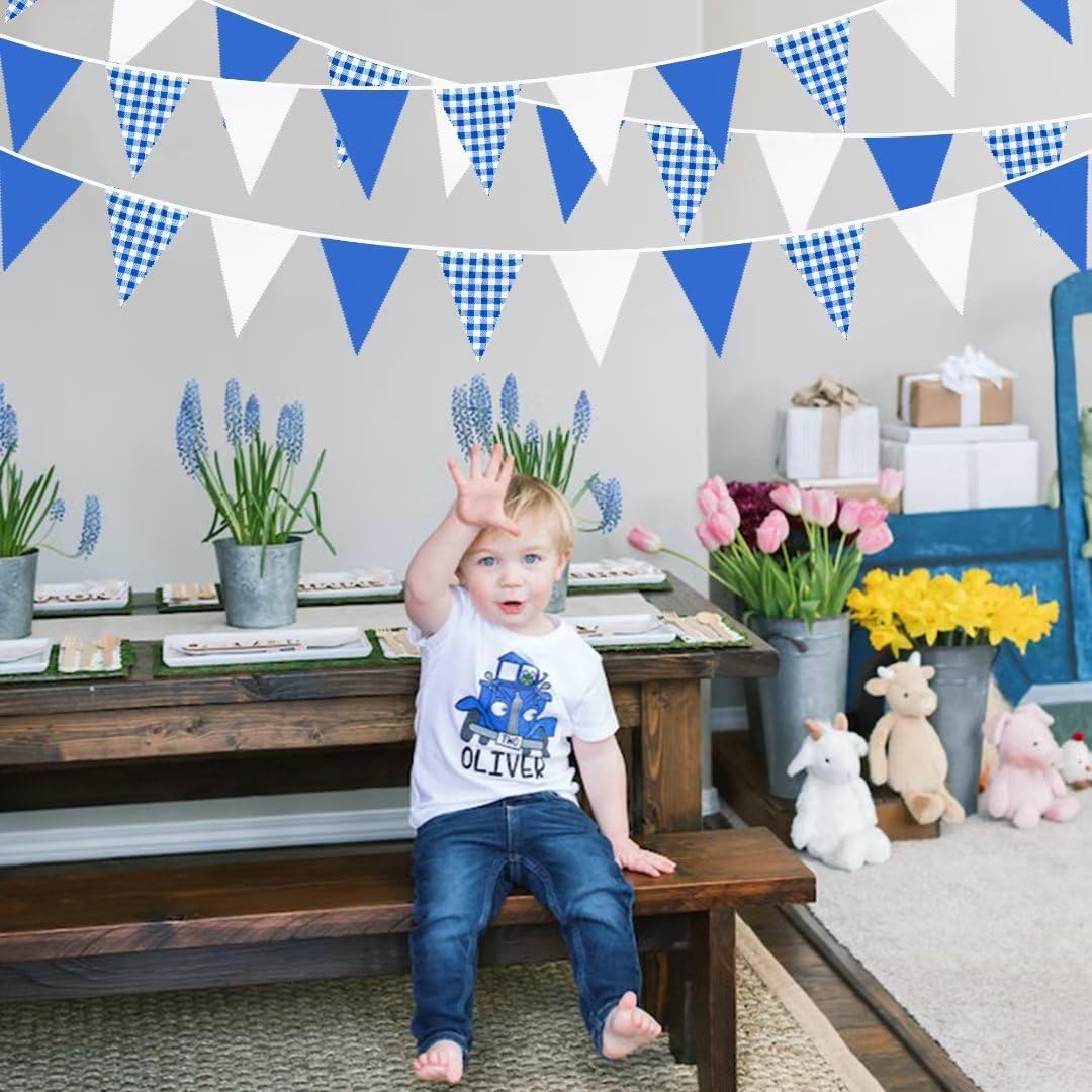 32Ft Deep Blue Party Decorations Blue Buffalo Plaid Checkered White Triangle Flag Gingham Pennant