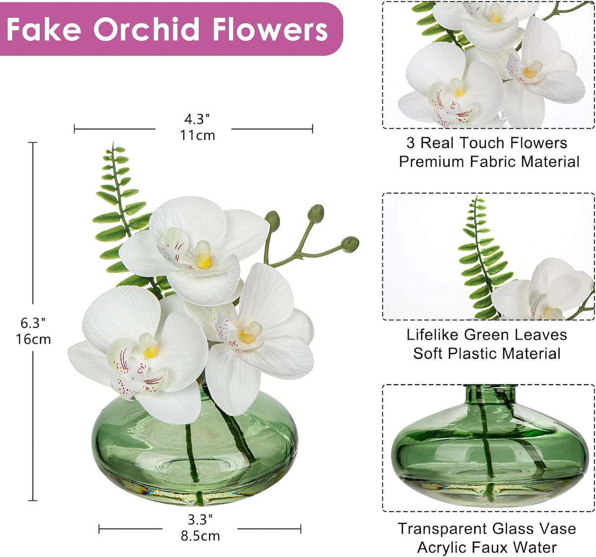 White Orchids Artificial Flowers Faux Orchids Arrangement in Light Green Glass Vases Set of 3 Real