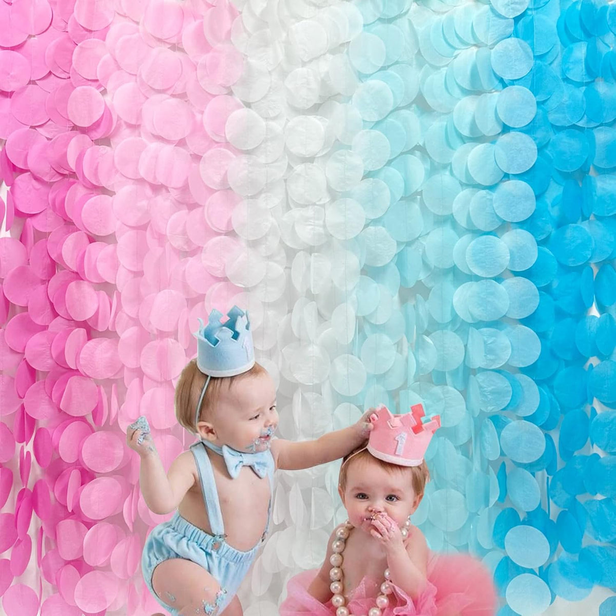 205 Ft Gender Reveal Party Decorations Ombre Pink and Blue Big Circle Dot Backdrop Garland Tissue