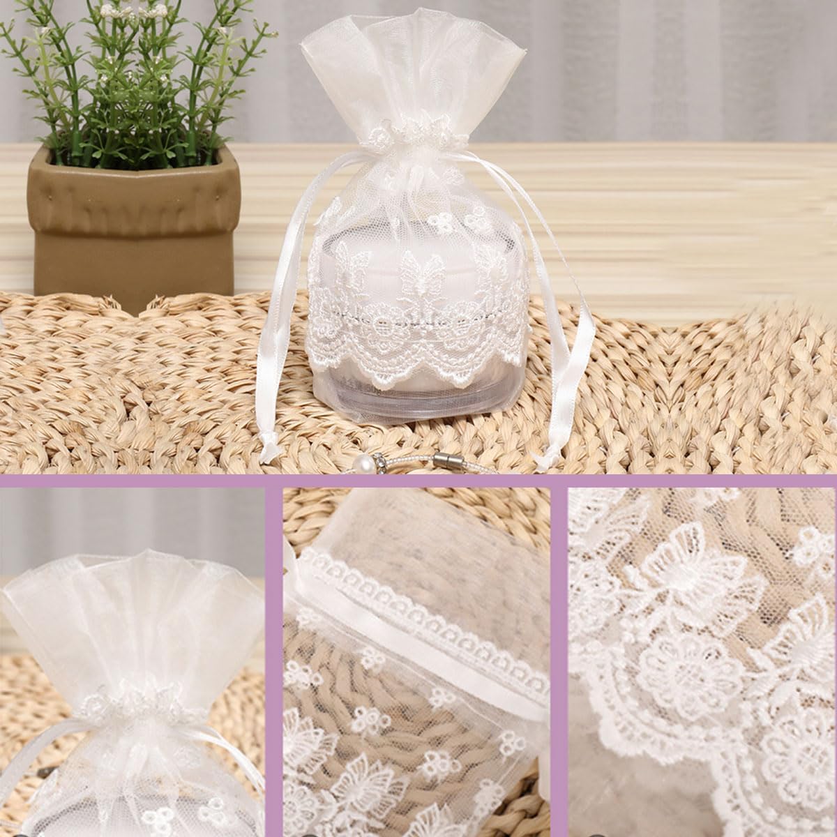 Ewanda store 10Pcs Lace Organza Drawstring Bags White Butterfly Lace Bag for Wedding Christmas