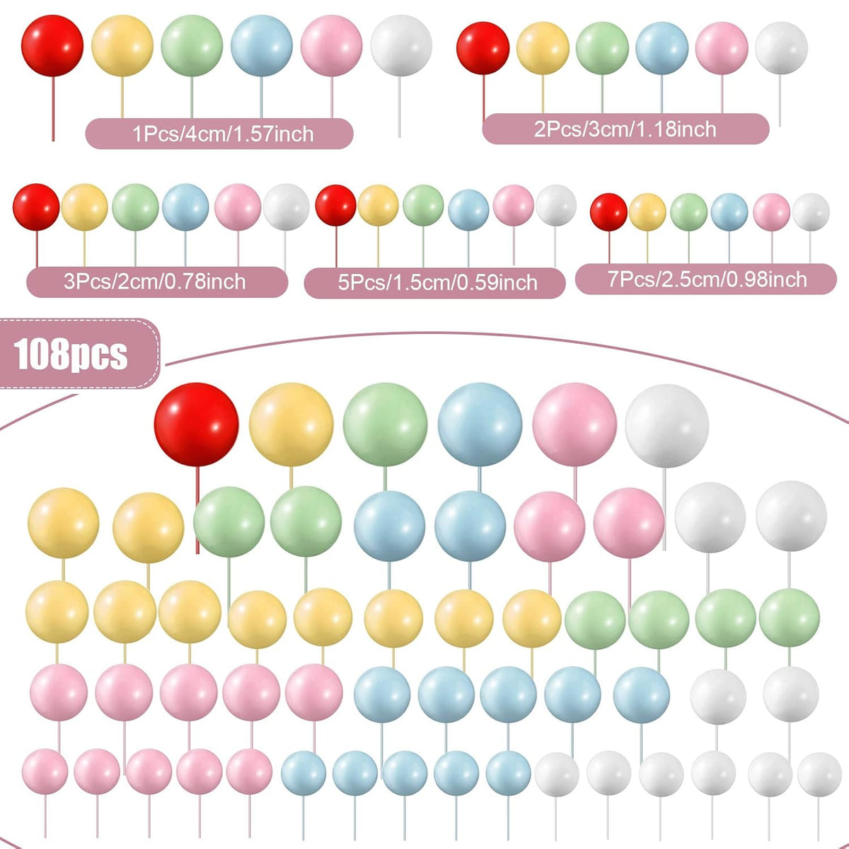 108 Pcs Balls Cake Topper DIY Cupcake Insert Foam Balloons for Cake Baking Wedding Anniversary