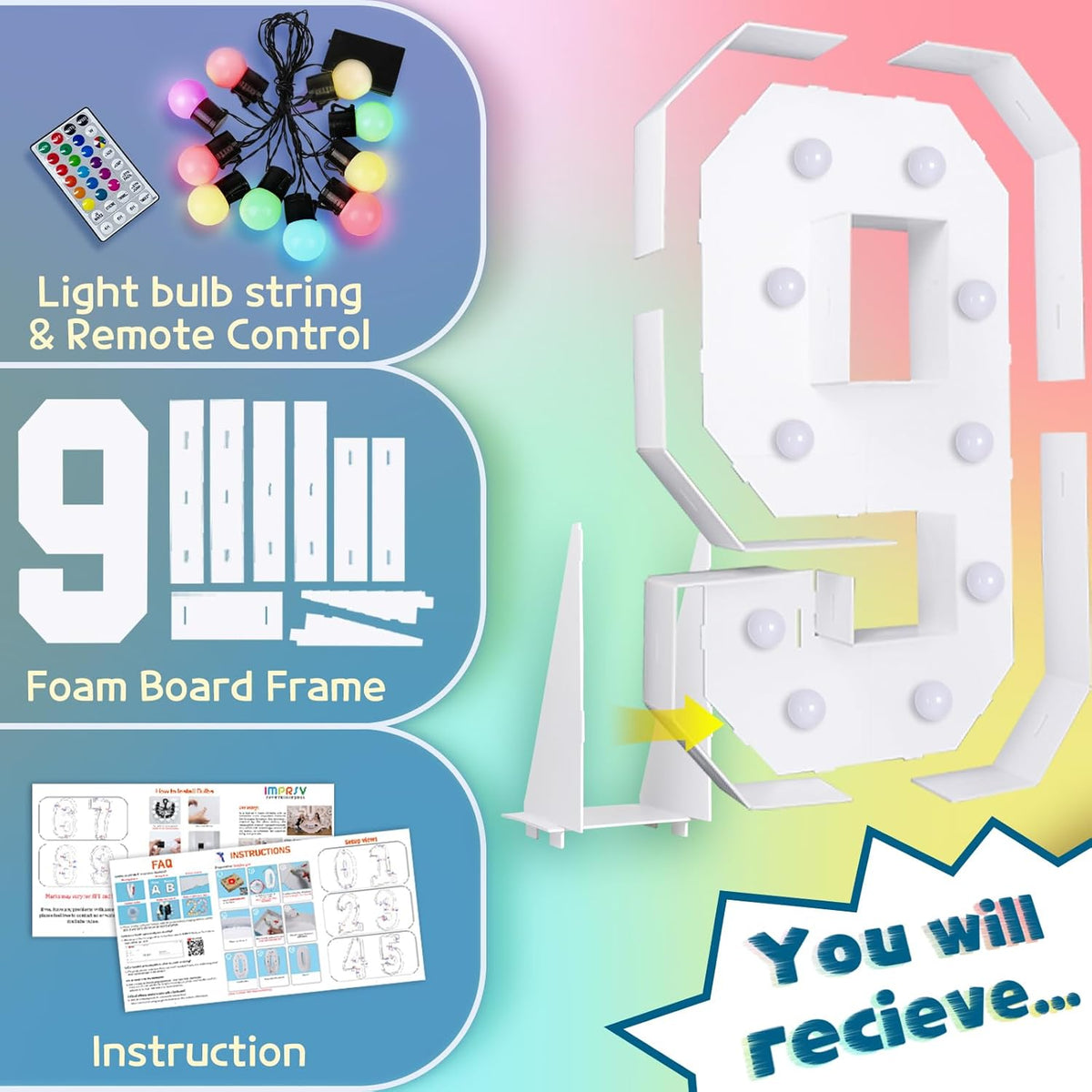 imprsv 4FT Colorful Marquee Numbers,18 Colors Number 9 with Remote, Light Up Sign for 8th Birthday