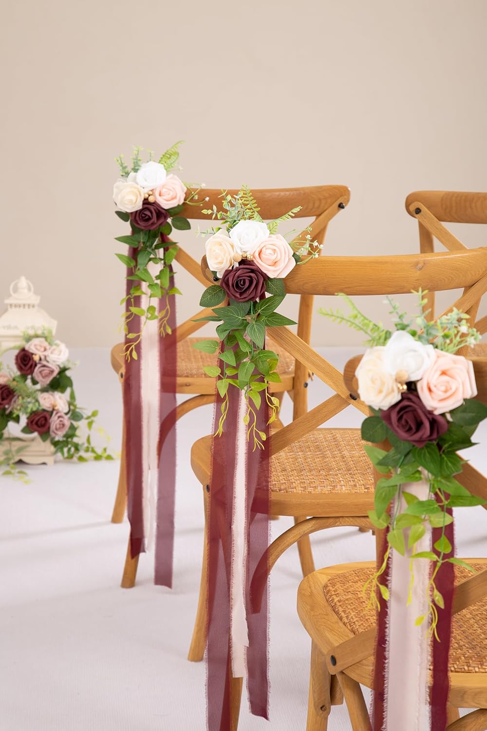 DORIS HOME Wedding Chair Decorations Burgundy Pew Flowers Set of 10 for Wedding Ceremony Party