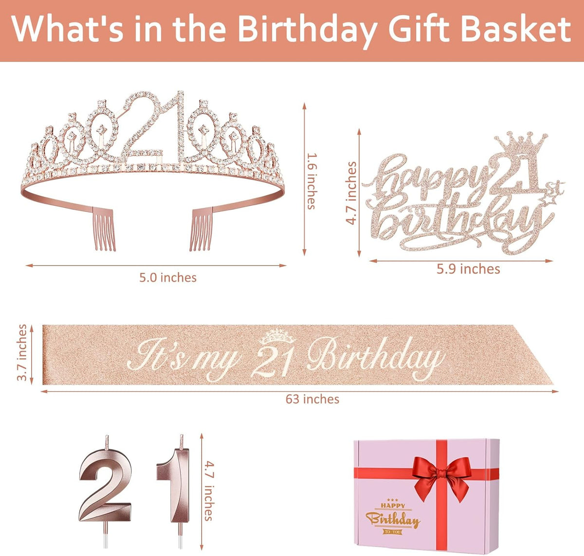 21st Birthday Decorations for Her, Including 21st Birthday Sash and Tiara, Cake Topper, Candles, 21