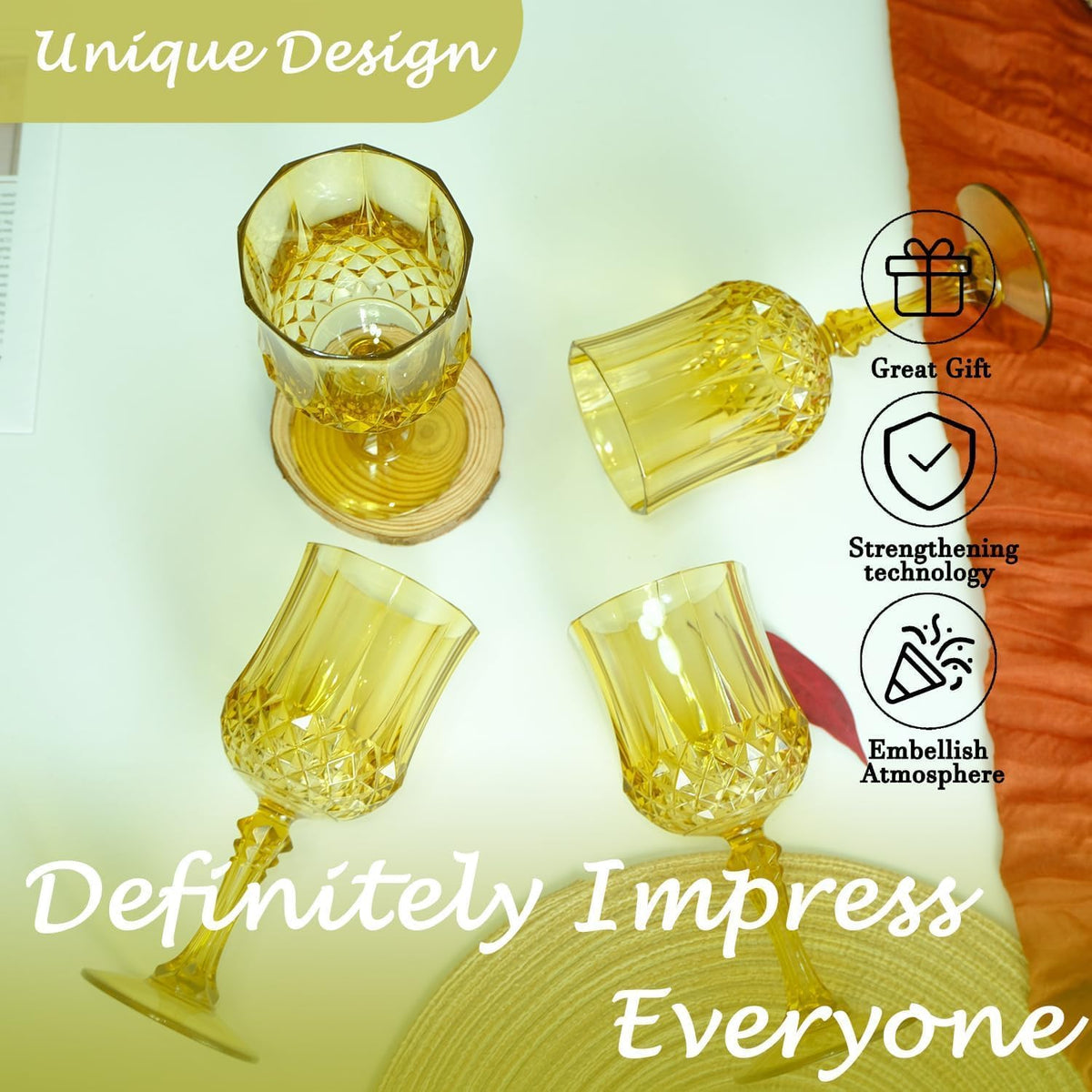 Plastic Wine Glasses，100PCS Gold Plastic Goblets Vintage Style Cordial Drinking Glasses for Wedding