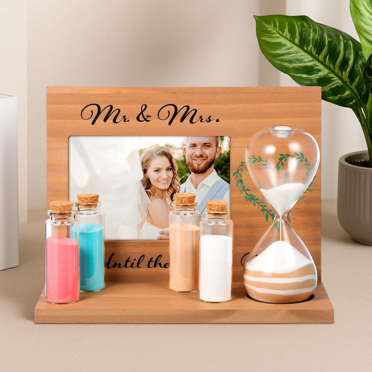 Blosssound Wedding Sand Ceremony Set Wooden Photo Frame, Hourglass Funnel, Sand, Glass Bottles, Mr