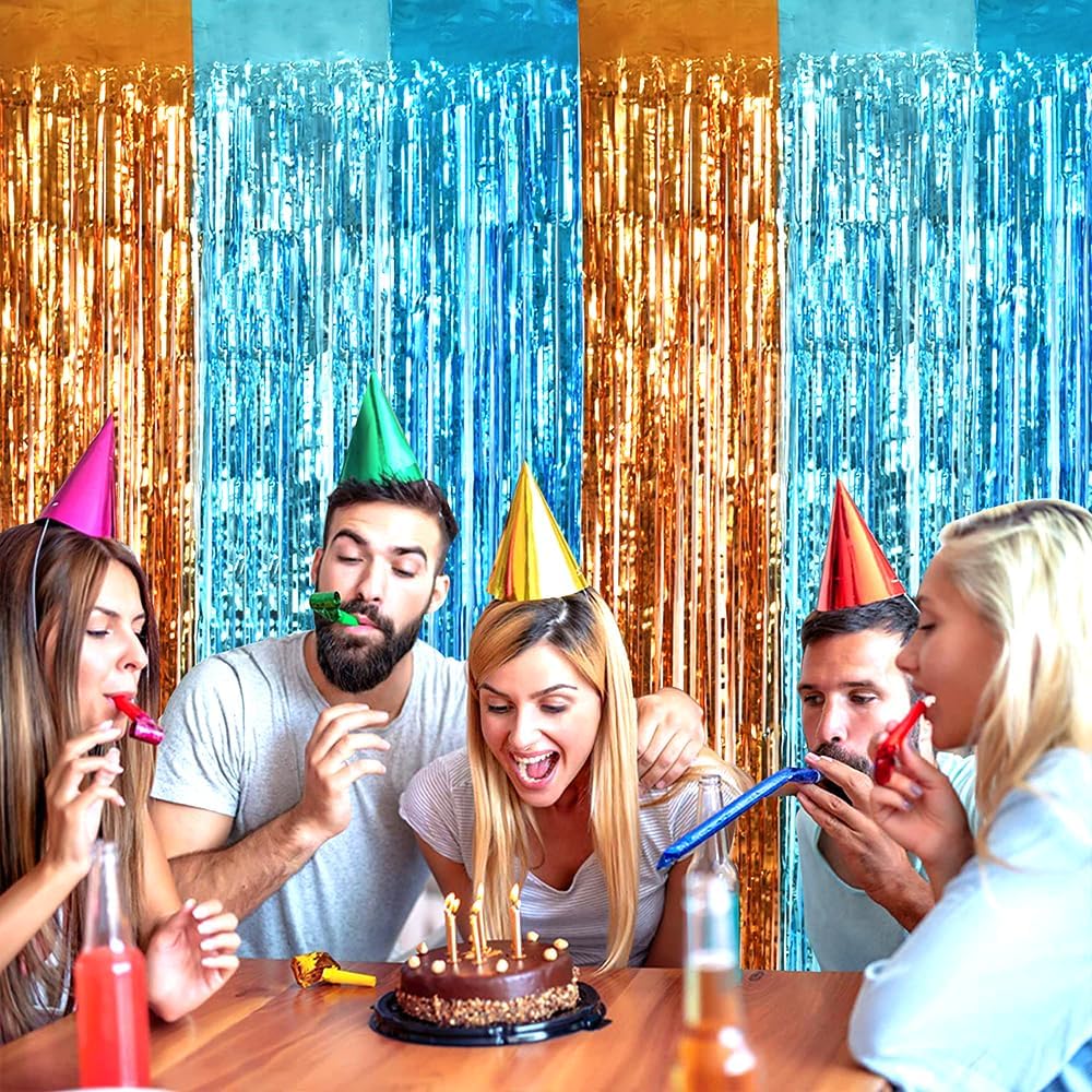 TONIFUL Orange Blue Door Streamers,Blue and Orange Photo Booth Backdrop Metallic Streamers Foil