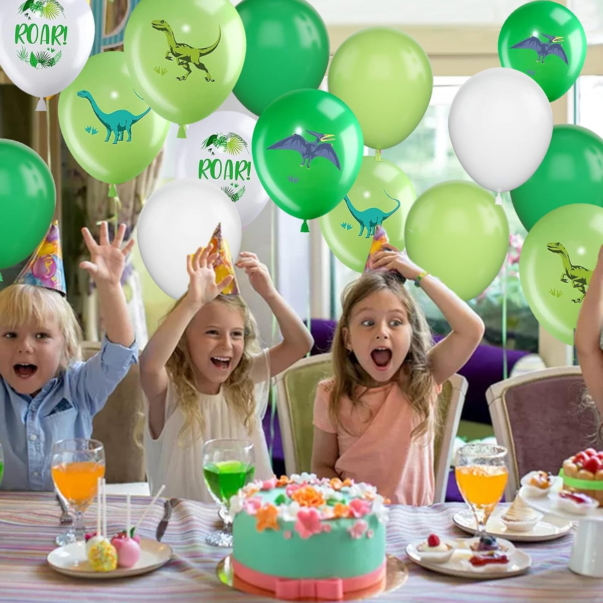 Dinosaur Balloons, 12 Inch Dino Printed Balloons Green White Lime Green Latex Balloons for Birthday