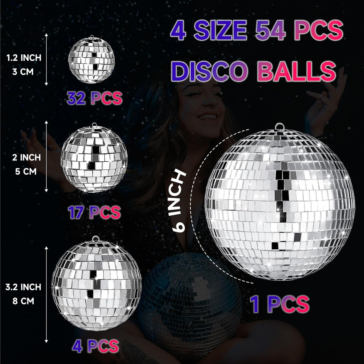 54 Pcs Disco Ball Hanging Decor - Mini Silver Mirror Ball Cake Topper for 74s Themed Party