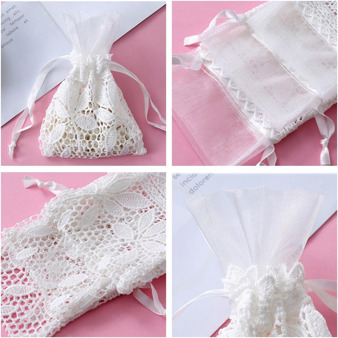 Petunny 6Pcs White Lace Drawstring Bags,Cotton Drawstring Gift Bags Embroidered Jewelry Pouch for