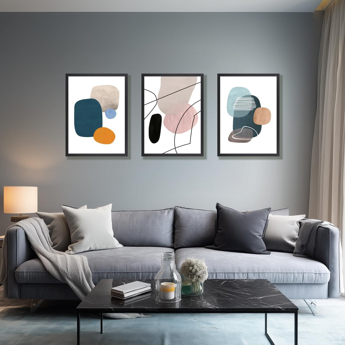 IAFWZX Wood Framed Abstract Geometric Wall Art, Orange Blue Beige Color Block Wall Decor, Modern
