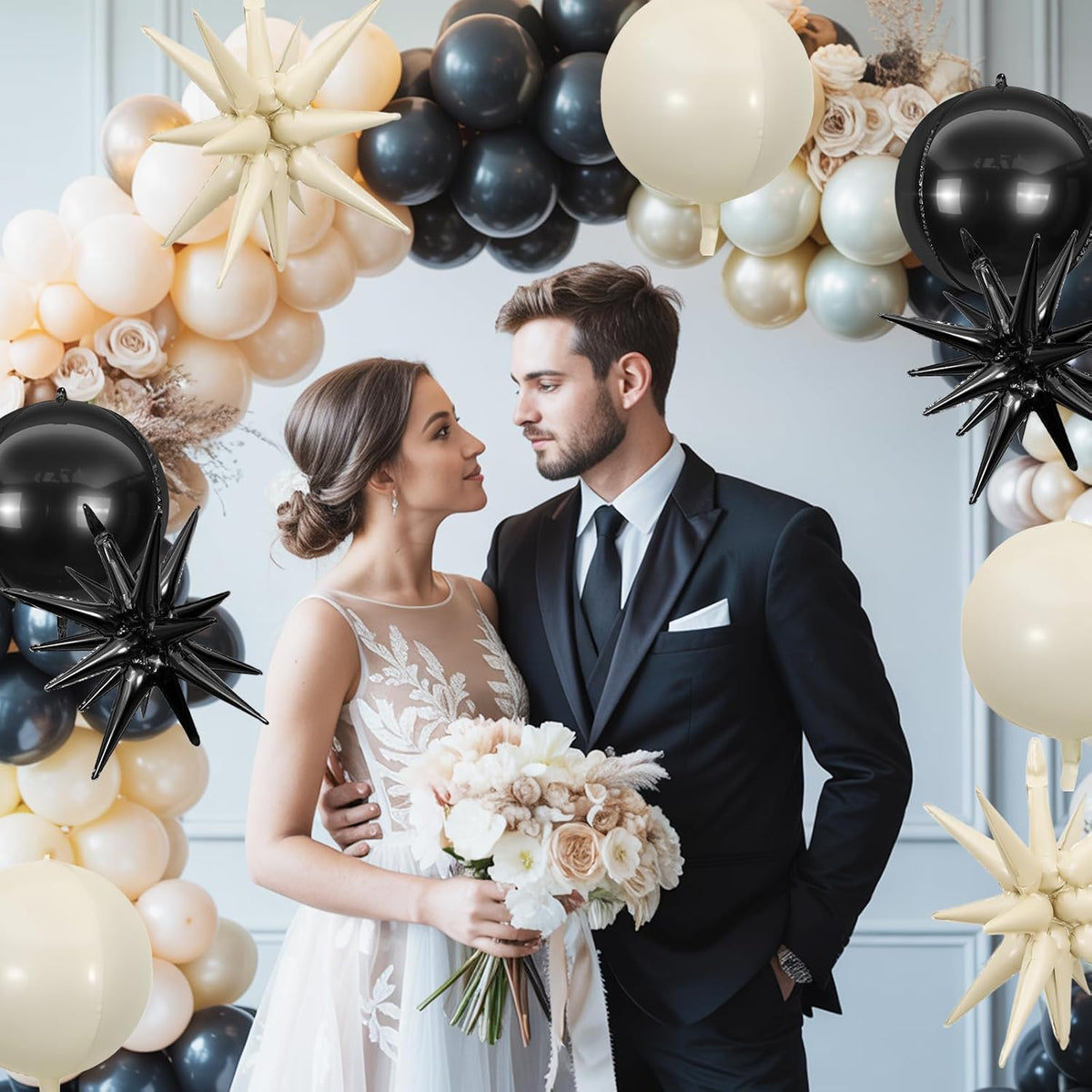 6Pcs Black White Foil Balloons,22Inch Sand White Black 4D Round Ball Balloon and Explosion Star
