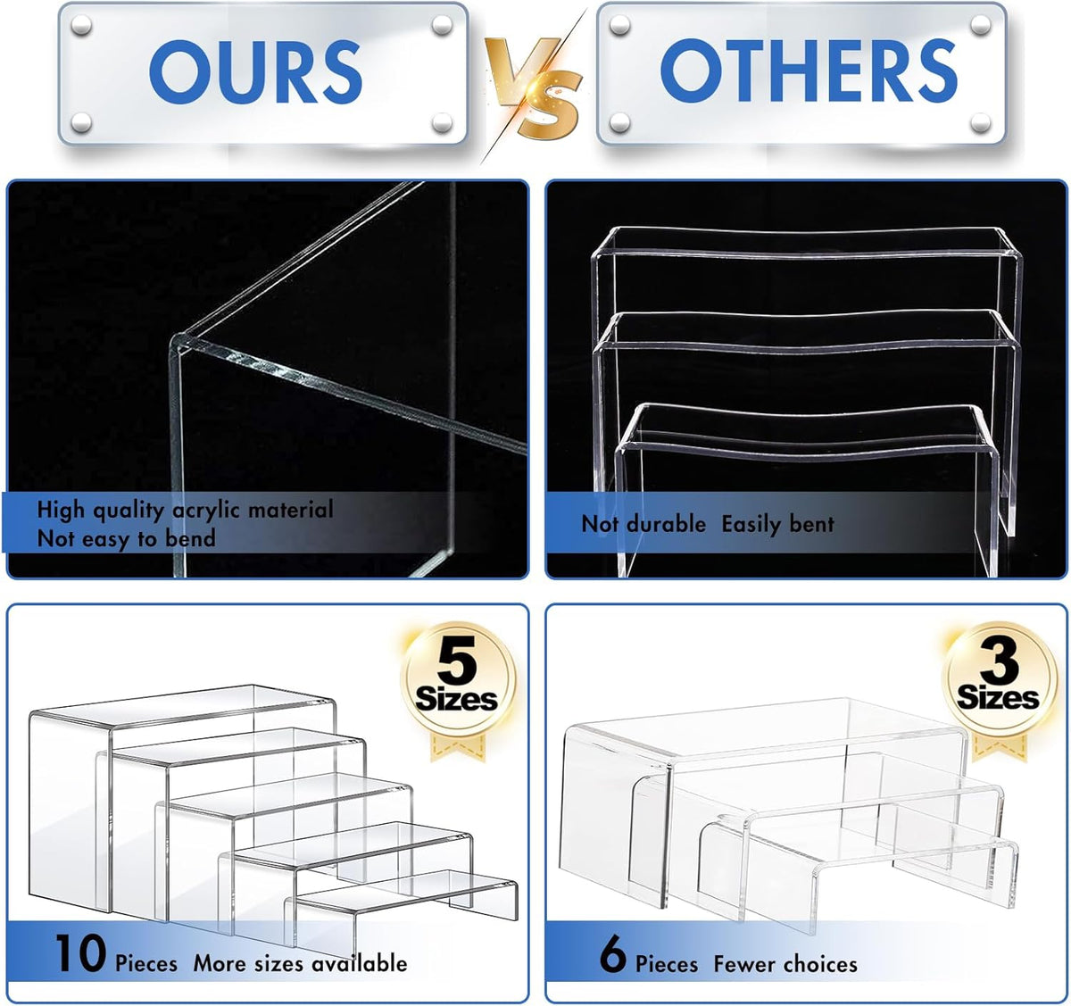 Aheroi Large Acrylic Risers, 10 Pcs 2 Set(7”L~8”L~9”L) Riser Display Shelf, Clear Rectangular