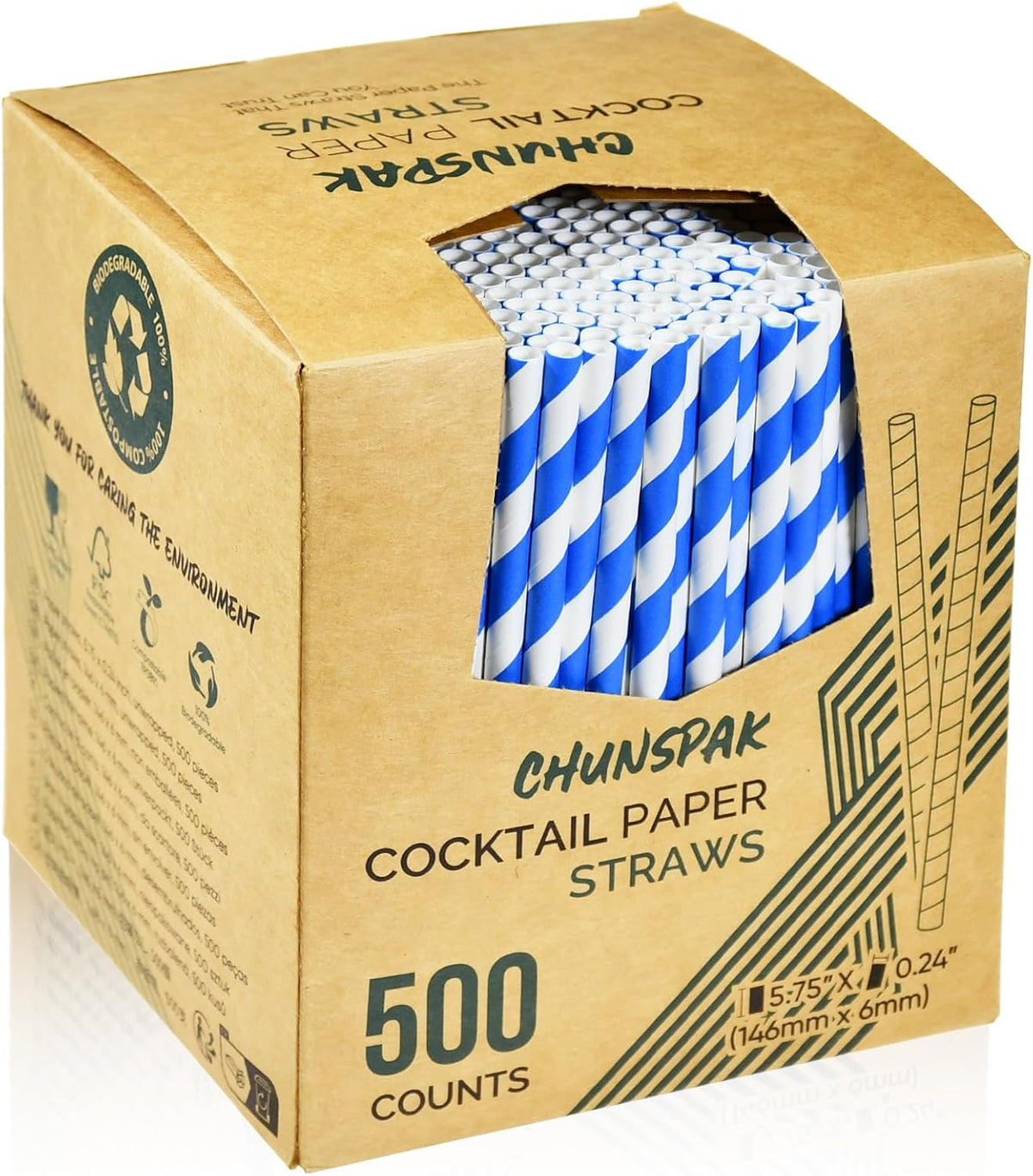 5.75 inch Blue/White Striped Paper Straws & Stirrer Sticks 500 Counts, for Cocktail, Coffee, Bars