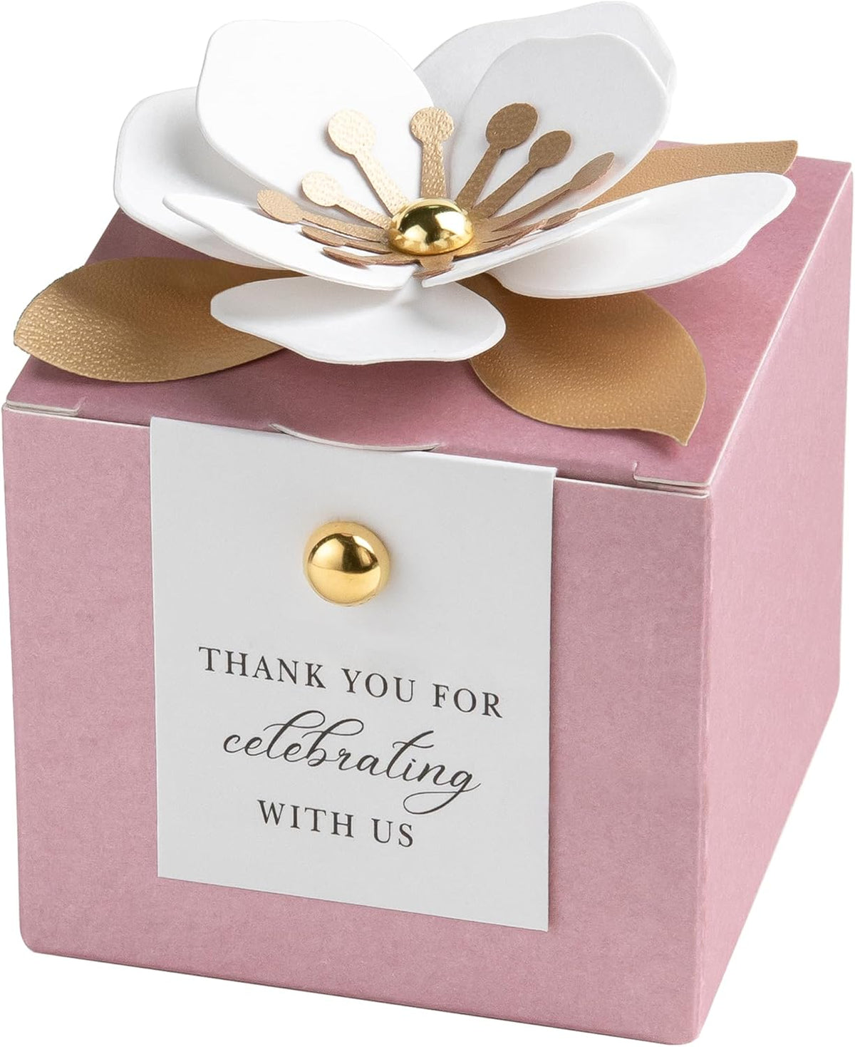 FEIYI 20 PCS Candy Boxes, 3 In 1Dusty Rose Favor Boxes with Floral Decor, White Thank You Tags Gift