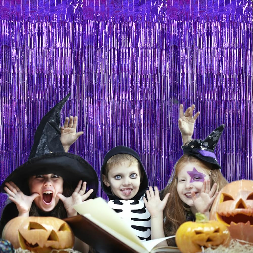 TONIFUL 3Pcs Laser Purple Door Streamers,Laser Purple Photo Booth Backdrop Metallic Streamers Foil