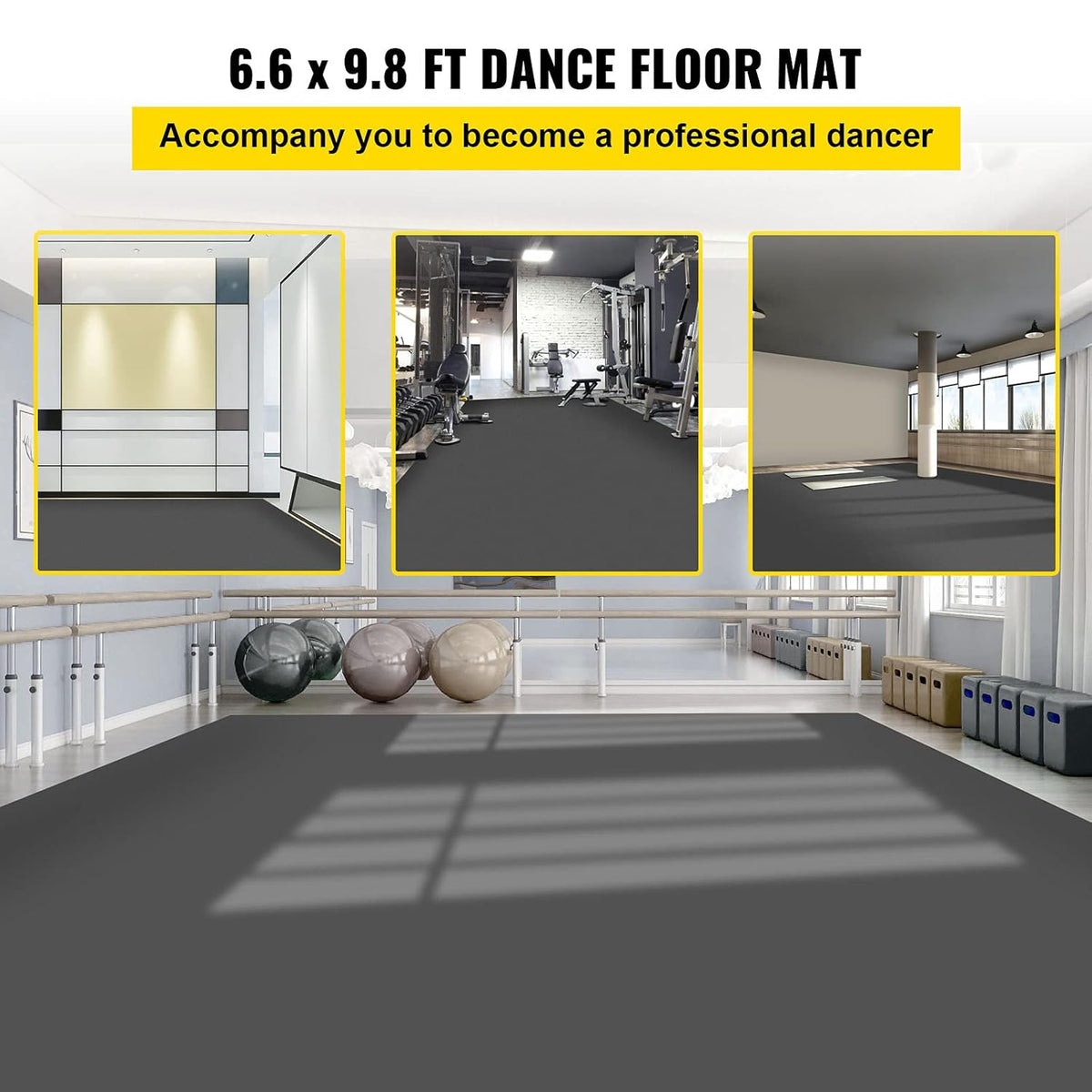 VEVOR Dance Floor Roll - 6.6x9.8ft, 0.06in Thick PVC Vinyl, Black/Grey Reversible, Non-Slip, Ballet