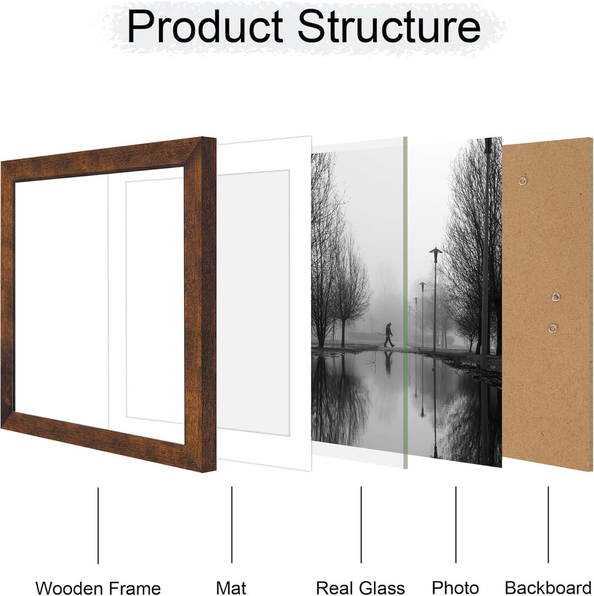 12x12 Picture Frame Set of 4 with Tempered Glass, Rustic Frame Display 10x10 Pictures with Mat or