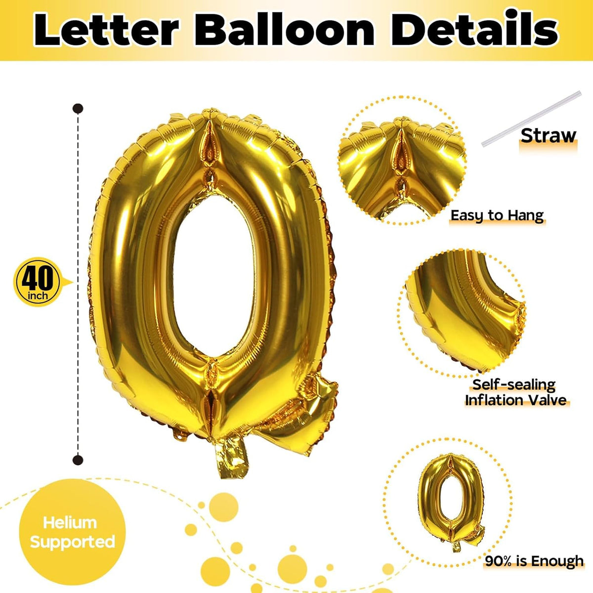 40 Inch Gold Alphabet Balloons, Large Mylar Self-Inflating Custom Letter Q Decor for Men Women