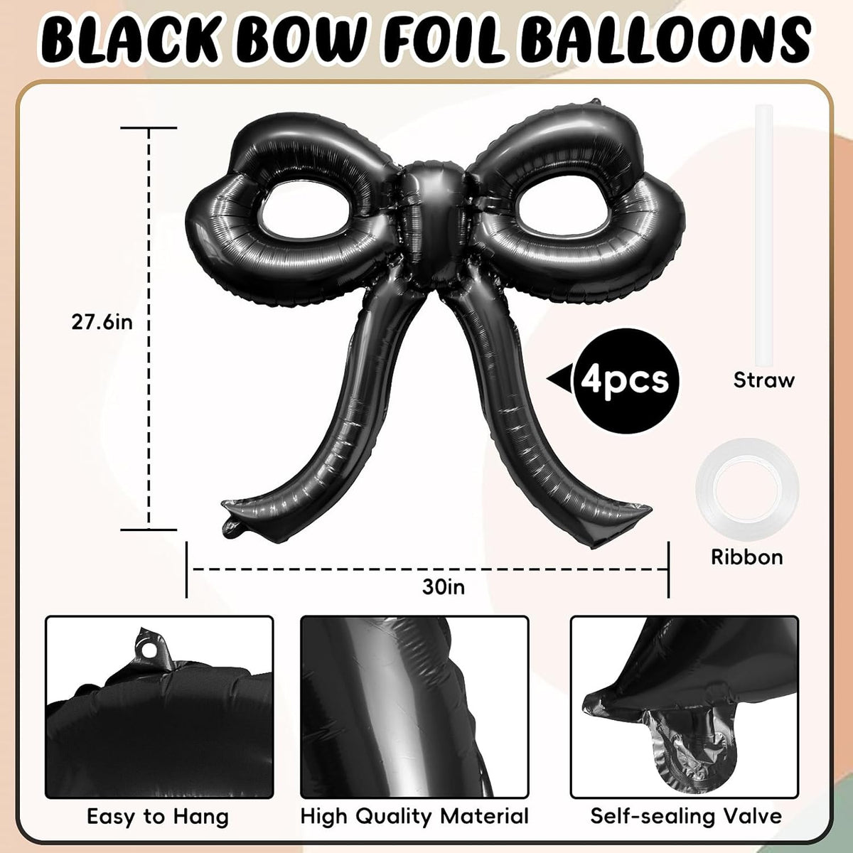 4 Pcs Bow Birthday Decorations Black Bow Balloons Bow Party Decorations Giant Foil Balloon for Girl