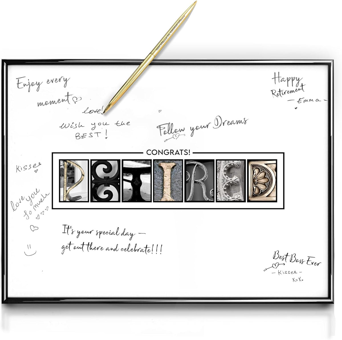 Framed Retirement Decorations Guest Book for Men 12"x16" Black Frame, Party Decor - including Gold