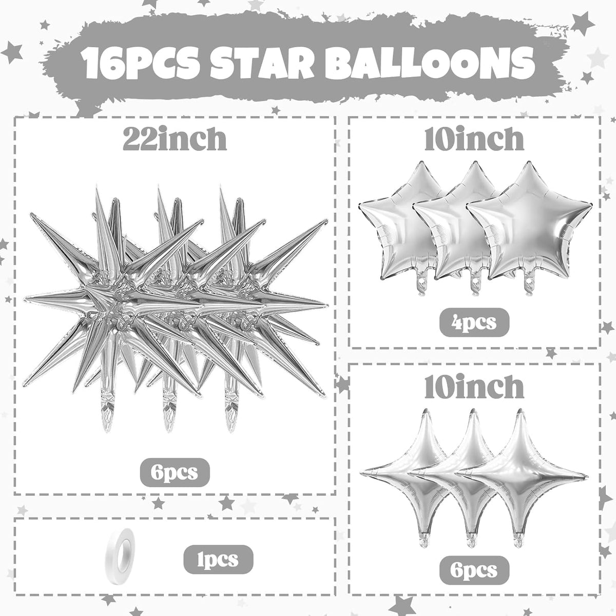 Silver Star Balloon,16Pcs Star Foil Balloons Set with 22Inch Explosion Spike Cone Balloons and