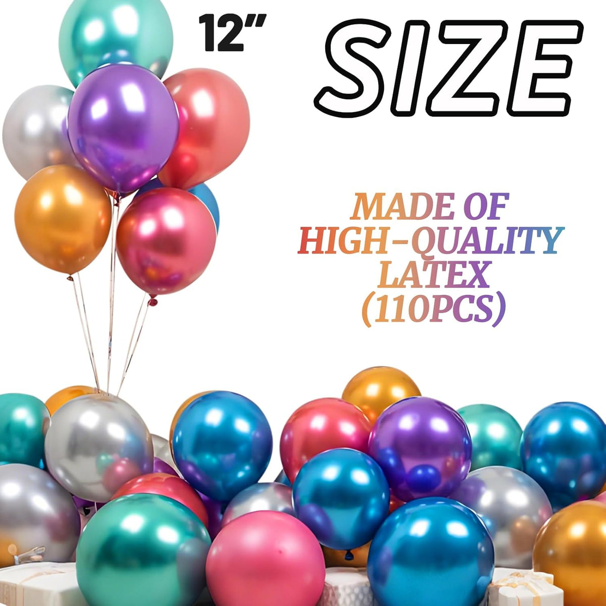 110pcs Metallic Multi Balloons, Metallic Color Latex Balloons 12 inch, Multi Balloon for Birthday