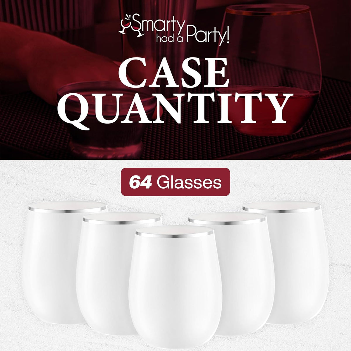 Smarty Had A Party 64 White with Silver Elegant Stemless Plastic Wine Glasses, 12 oz Disposable