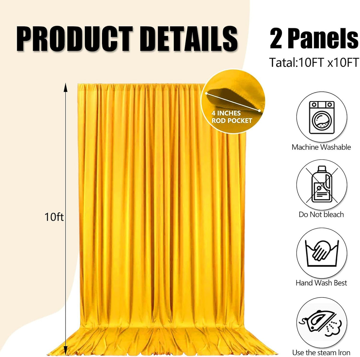 10ft x 10ft Gold Yellow Backdrop Curtains for Parties, Fabric Satin Background Curtain with Rod