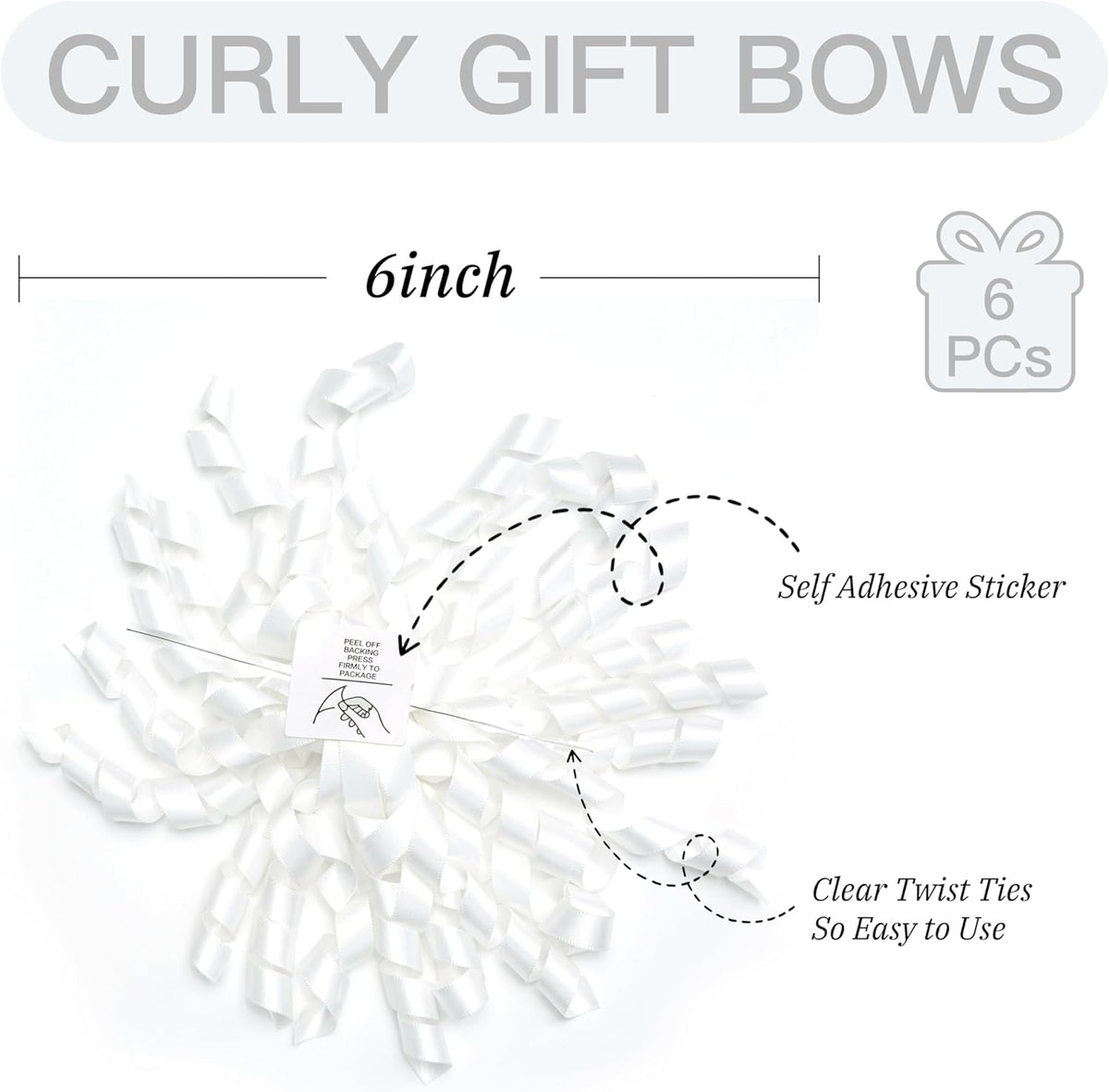 6 Inch White Curly Bows for Gift Wrapping Set of 6, Self Adhesive Bows White Gift Bows for