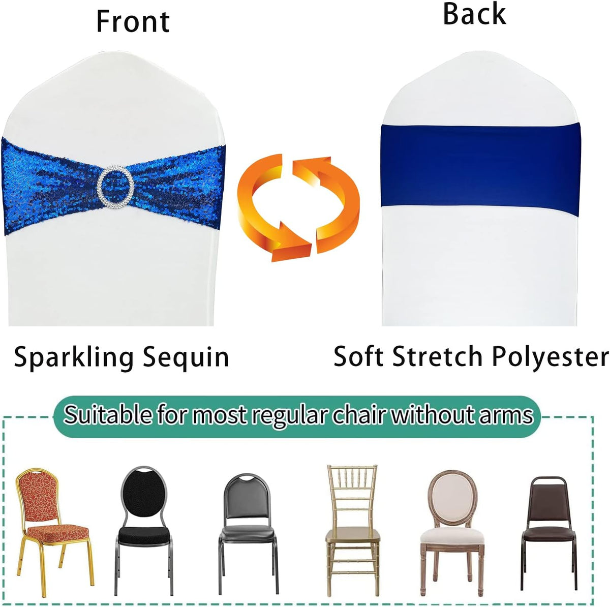 10 Pcs Chair Sashes Sequin Stretch Chair Bands Spandex Polyester Bows for Party Hotel Wedding