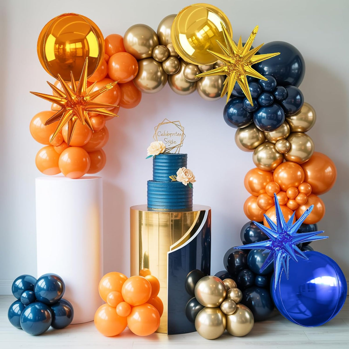 6Pcs Blue Orange Gold Foil Balloons,22Inch Orange Blue Gold 4D Round Ball Balloon and Explosion