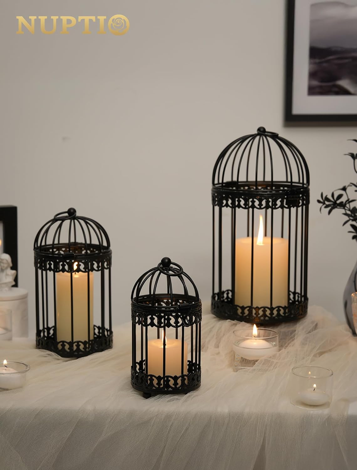 NUPTIO Black Decorative Bird Cage: Birdcage Hanging Lantern for Pillar Candles - Vintage Bird Cages