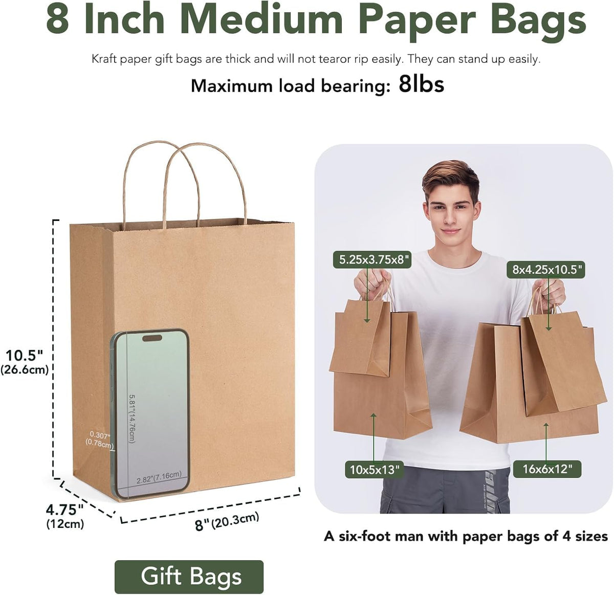 GSSUSA 12000 Pack 8x4.25x10 Inch Paper Bags with Handles Bulk, Brown Paper Gift Bags for Small