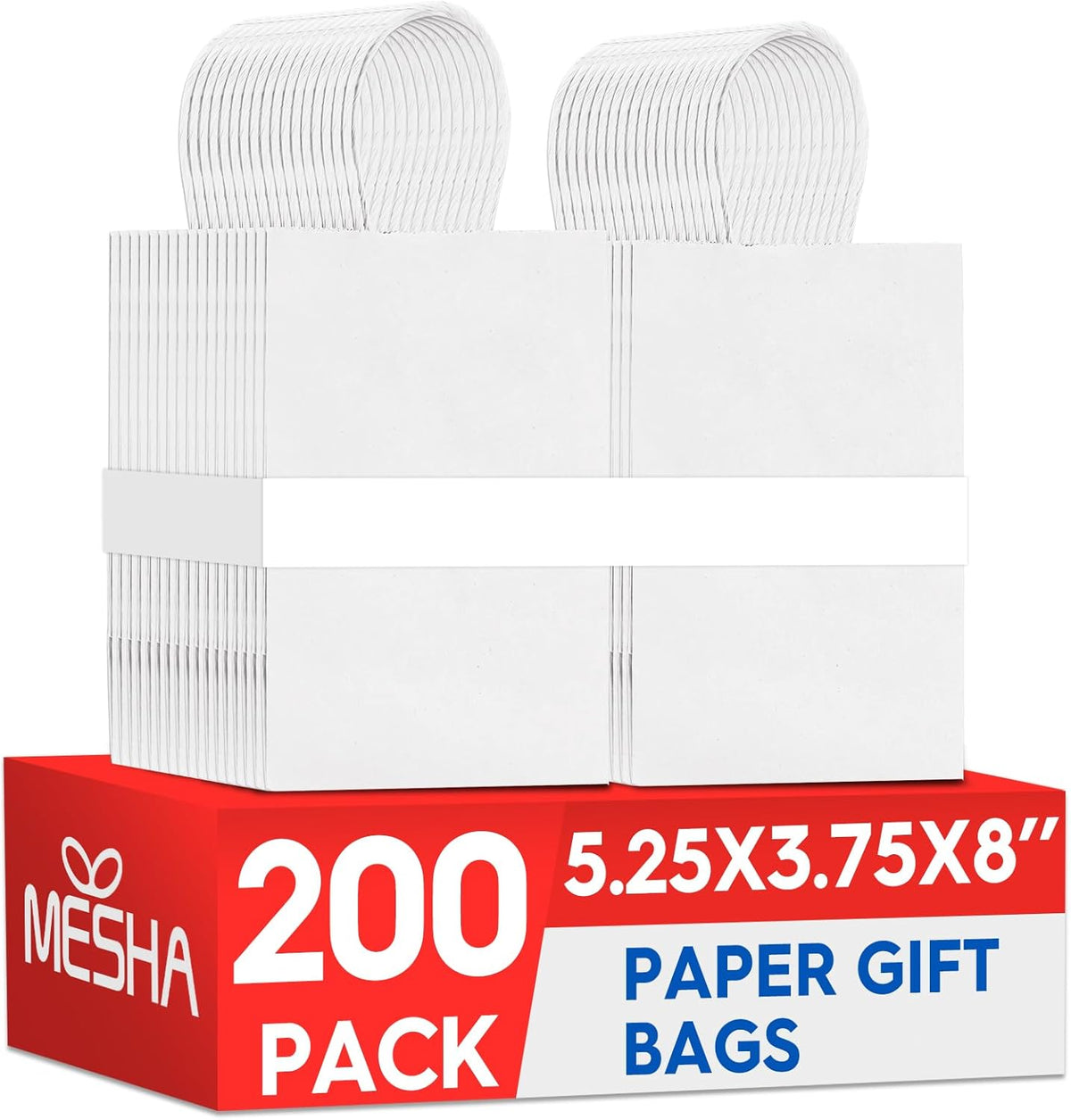MESHA Kraft Gift Bags 200 Pack 5.25x3.75x8 Inch Small White Paper Bags with Handles Bulk for Small