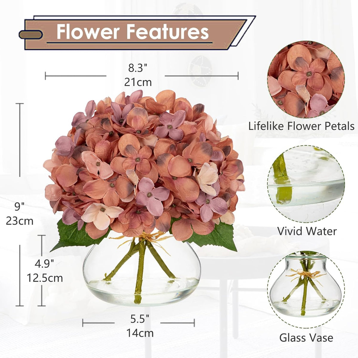 Hollyone Fall Hydrangea Artificial Flowers for Decoration with Glass Vase Dark Peach Autumn Silk