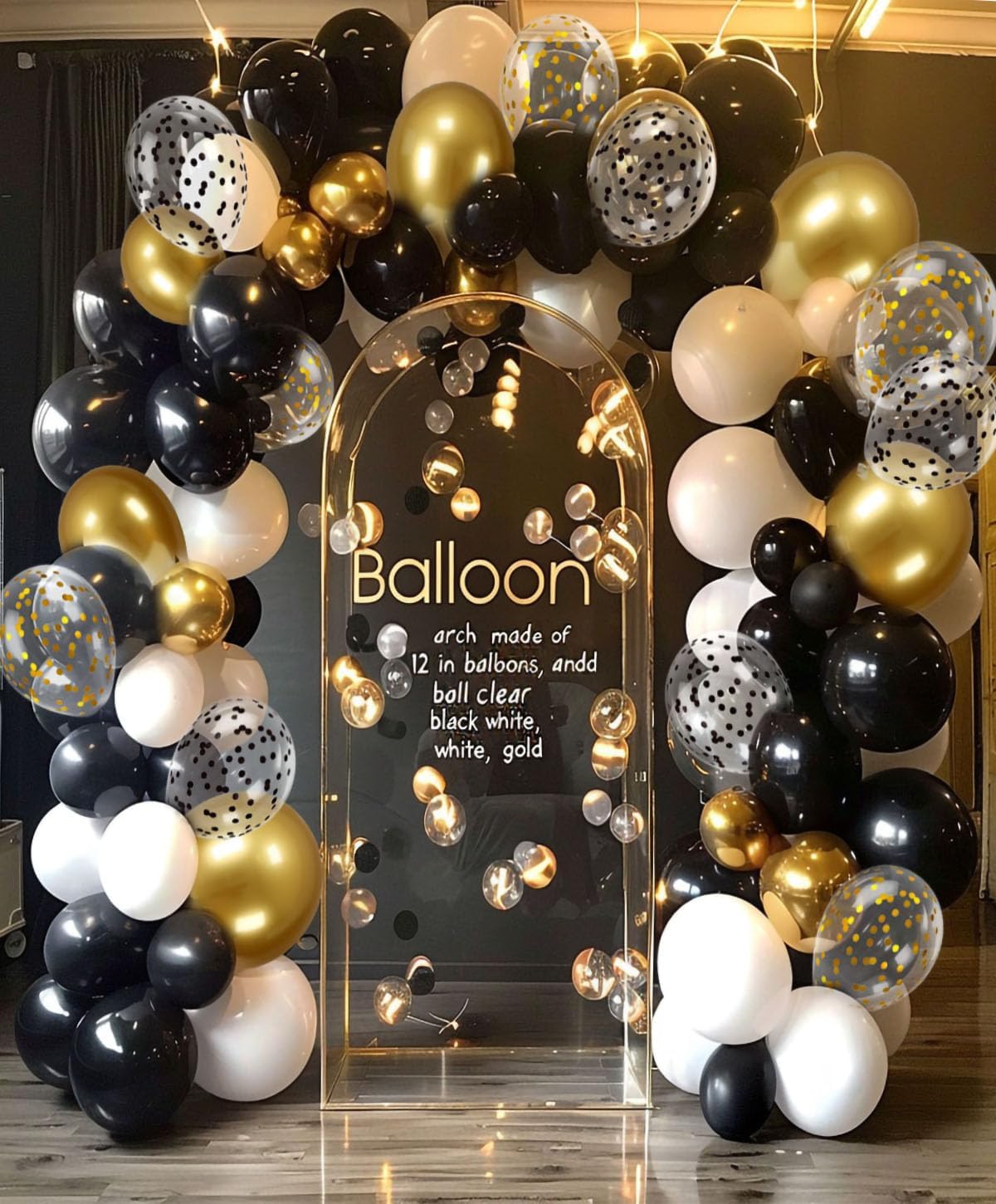 300 Pcs Black Gold Confetti Balloons Set Lncludes 12 inch Black White Gold and Confetti Balloons