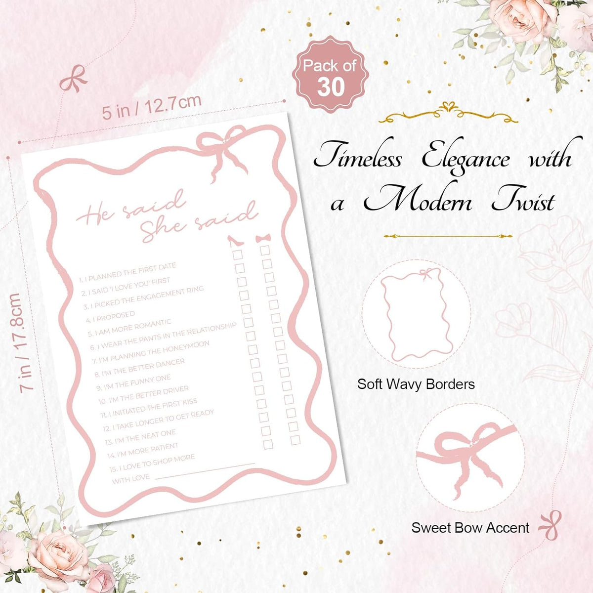 DEEKA 30 PCS Bridal Shower Games Card for 30 Guests White Pink Wavy Border Ribbon Bow Funny Wedding