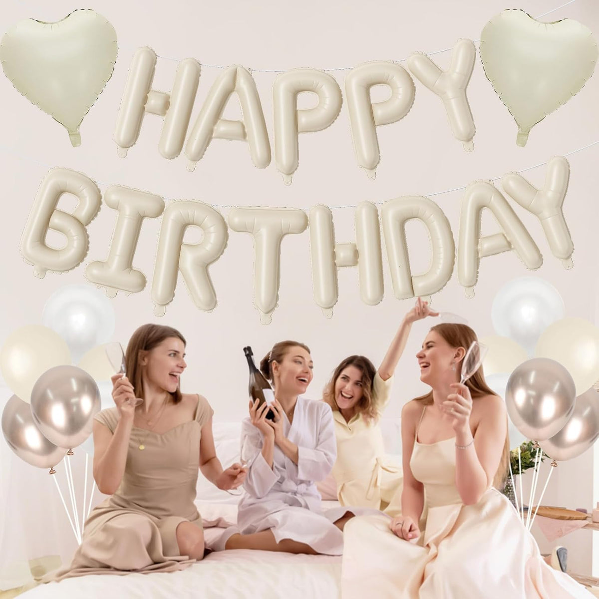 Happy Birthday Balloon Banner Cream, 16 Inch Beige Mylar Letters Heart Foil Balloons Pearl White