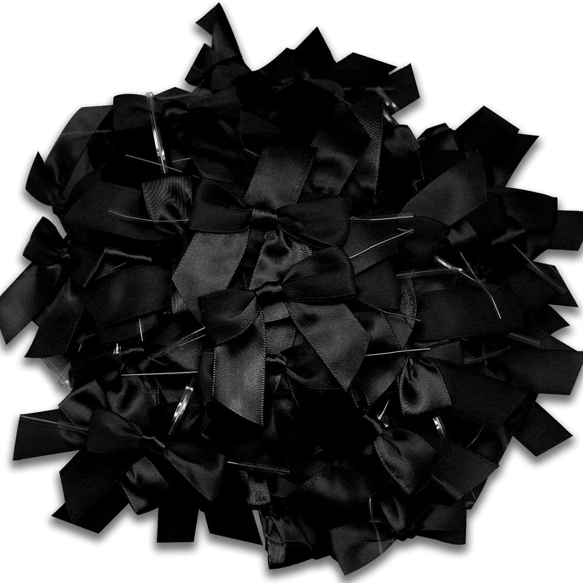 114 Pack Twist Tie Bows for Treat Bags 3" Black Satin Ribbon Bows for Package Craft, Gift Wrapping
