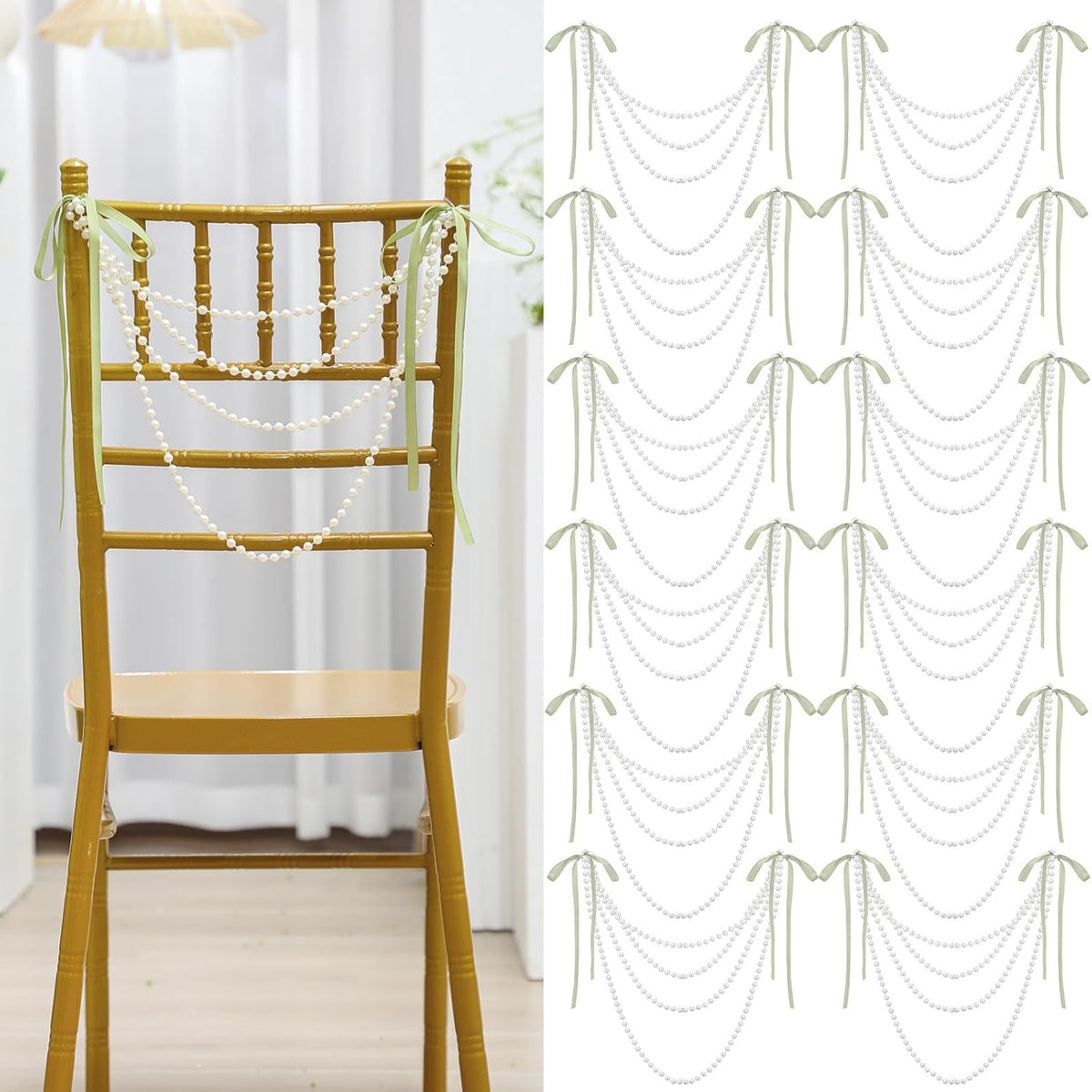 16 Pcs Wedding Pearl Bow Chair Decor Satin Ribbon Bows with Pearl Beaded String Garland Aisle Chair