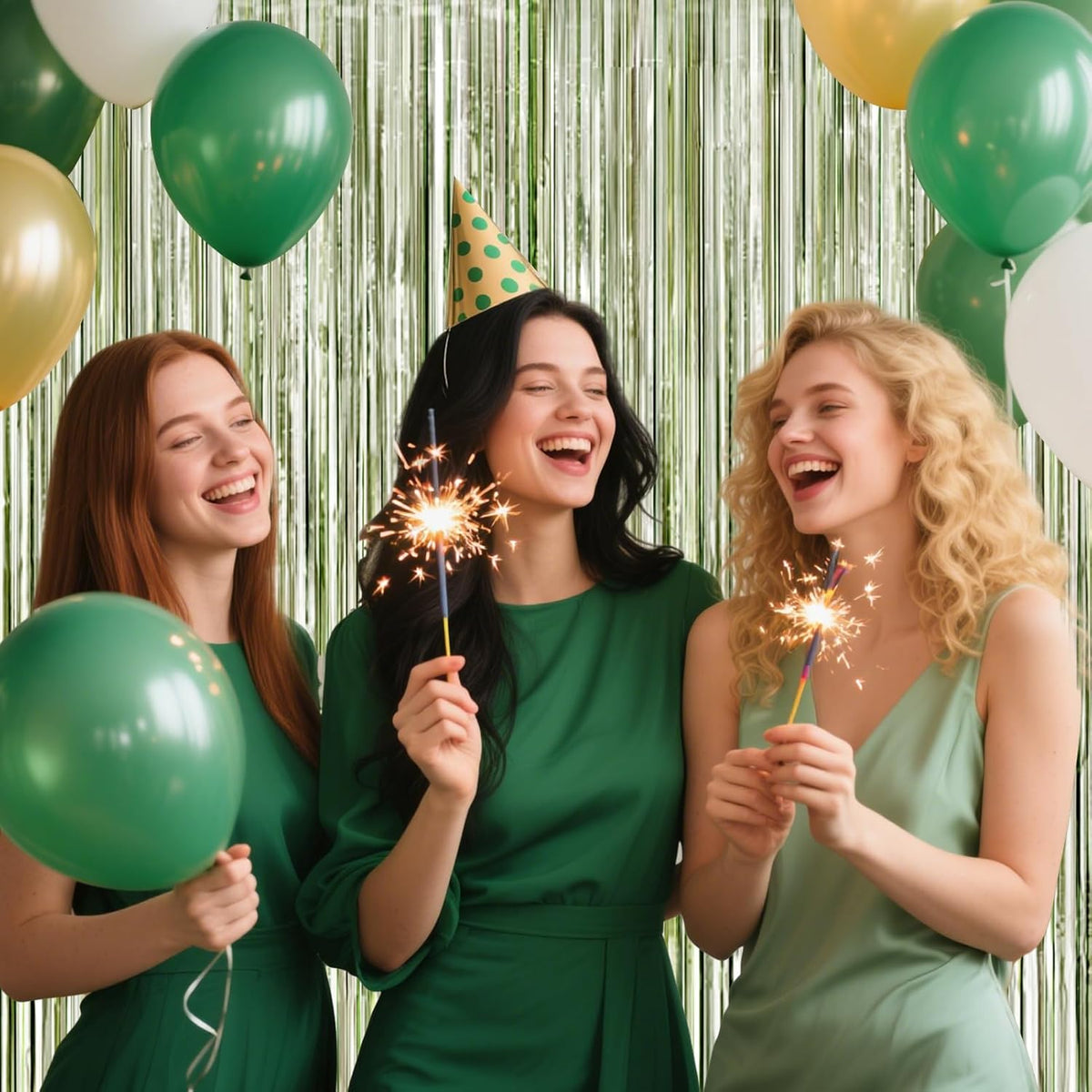 4 Packs Sage Green Foil Fringe Curtain, Light Green Glitter Metallic Tinsel Backdrop for Boho